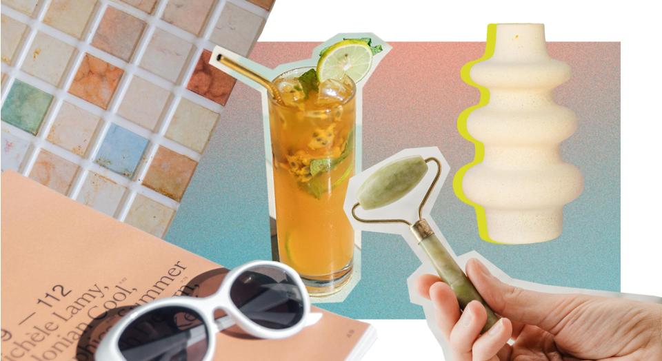 collage of interior design trends 2023, including sunglasses, jade roller, opulent cocktail, fancy vase