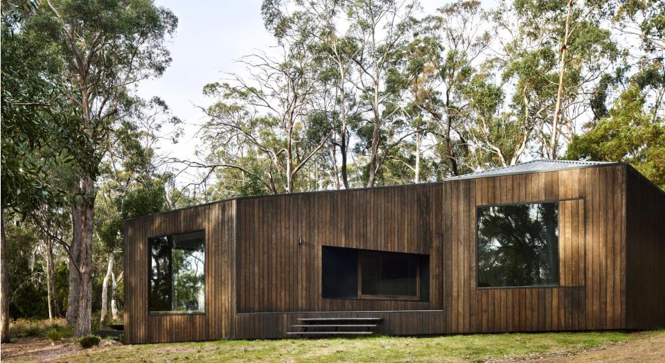 A modern timber house in a rural area, surrounded by gum trees
