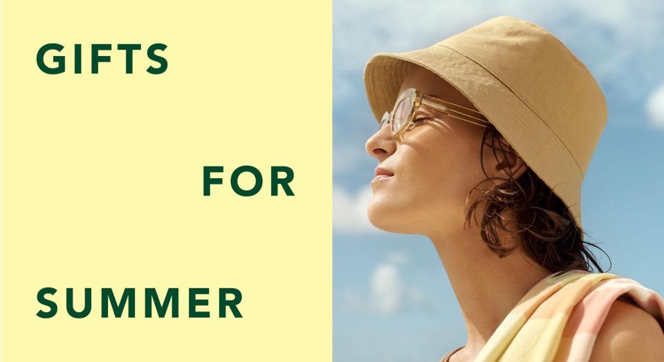 split image. left side: yellow background with staggered green font 'gifts for summer'. right side: white with with short brown hair wears brown hat, sunglasses, and bright checked towel flung over shoulder.