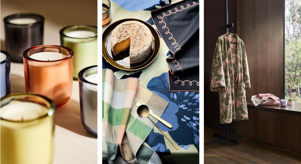 A collage of three images. On the left, an array of candles in colourful glass vessels. In the middle, a close-up of a table setting with printed table linen and a wheel of cheese. On the right, a printed robe hanging in a modern timber bathroom.