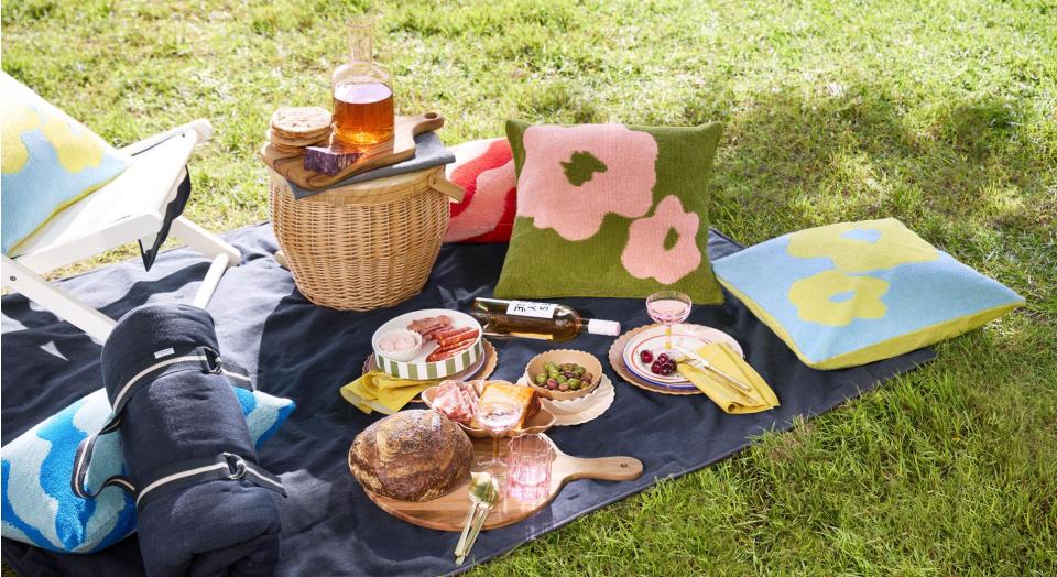 A picnic set up on the grass, with cushions, a picnic rug and various foods and drink