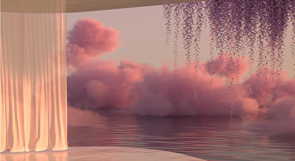 Tips for better sleep, calming image with white curtain, marble floor and roof, overlooking serene water with pink clouds and falling jacaranda.