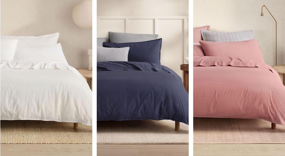 Three beds side-by-side, dressed in Bayley quilt cover sets in white, deep sea and rose