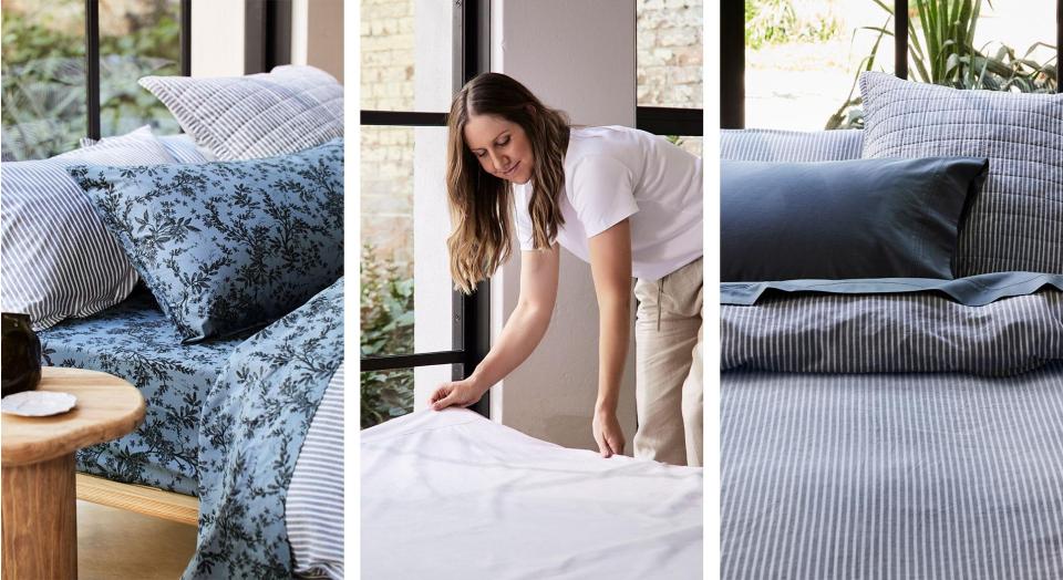 A collage of three images. On either side are photos of a bed dressed with blue stripe bedding and floral print sheets. In the middle is a photo of a young woman styling a sheet on a mattress.