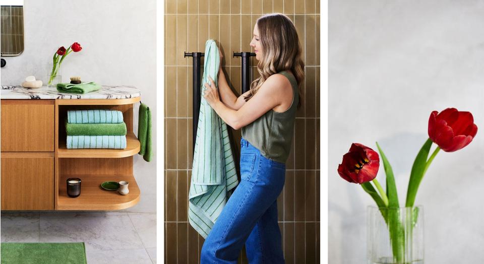 Three images side by side. One of a modern bathroom sink, one of a woman hanging a bath towel on a hook, and one of two red tulips in a glass vase
