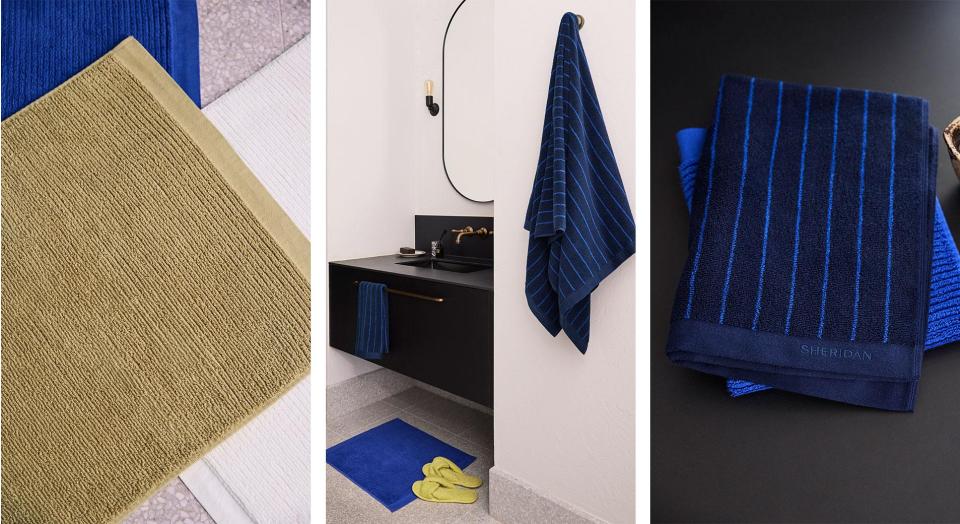 Three images. On the left is a close-up of different coloured towels laid on a counter. In the middle is a modern bathroom with a black vanity, oval mirror and a blue towel hanging on the wall, on the right is a folded blue striped towel. 
