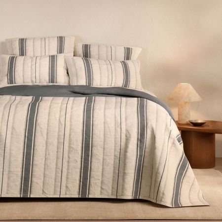 Abbotson Linen Wide Ticking Stripe Bedcover in Flax