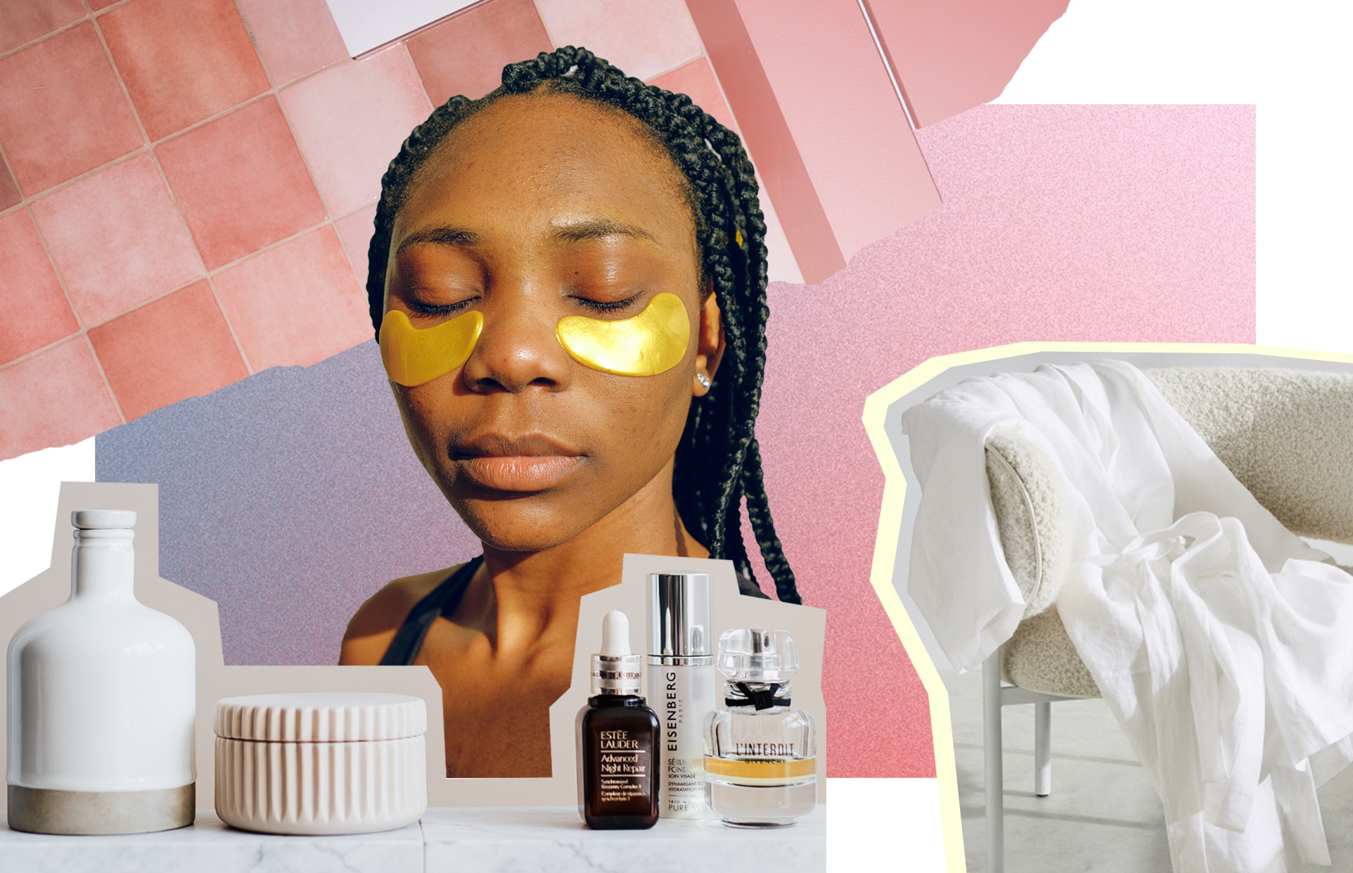 collage for rinsing ritual home decor 2023 trend. includes black woman with braids, wearing gold under eye patches. pink bathroom tiles in the background, skincare in foreground, abbotson linen loungewear on couch.