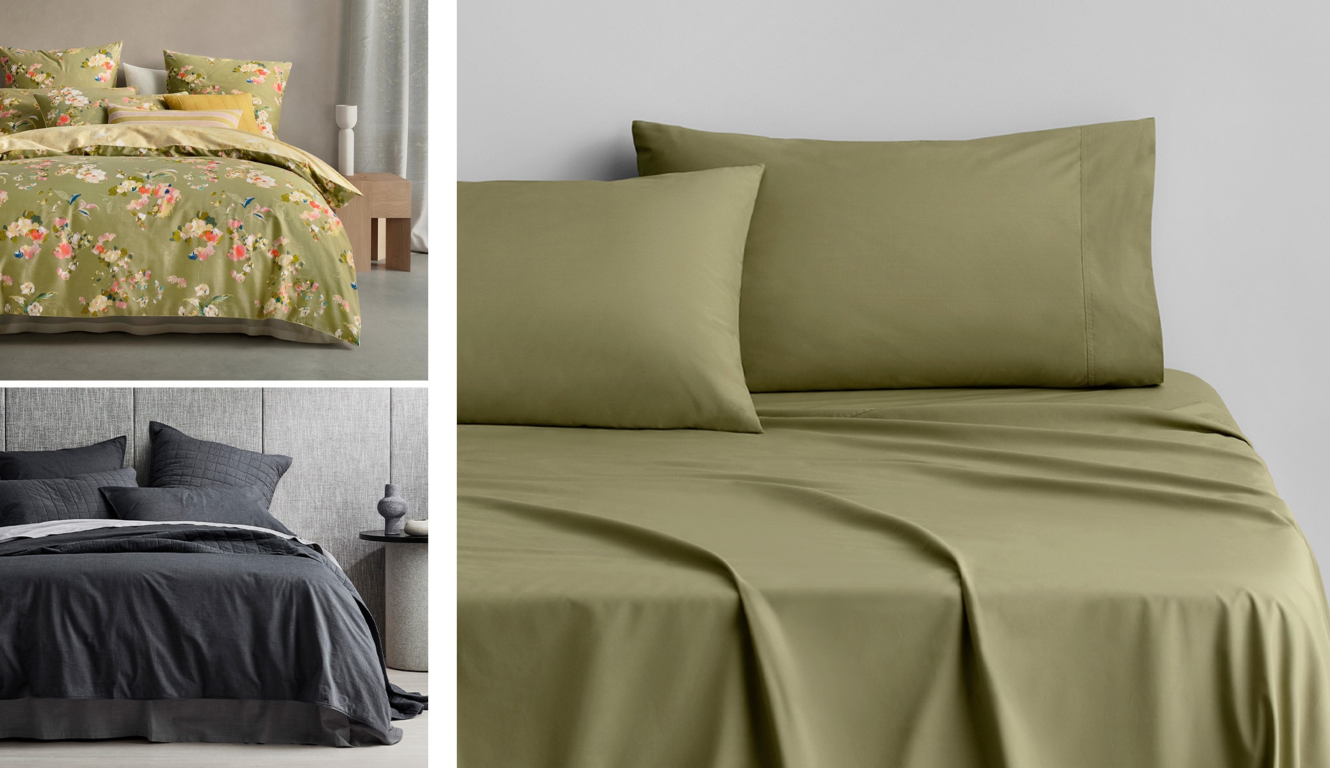 split image. left side split into two, top image is green bed with scattered botanicals, bottom bed dressed in reilly, carbon. right hand side byren percale tencel lyocell sheet set, in aloe.