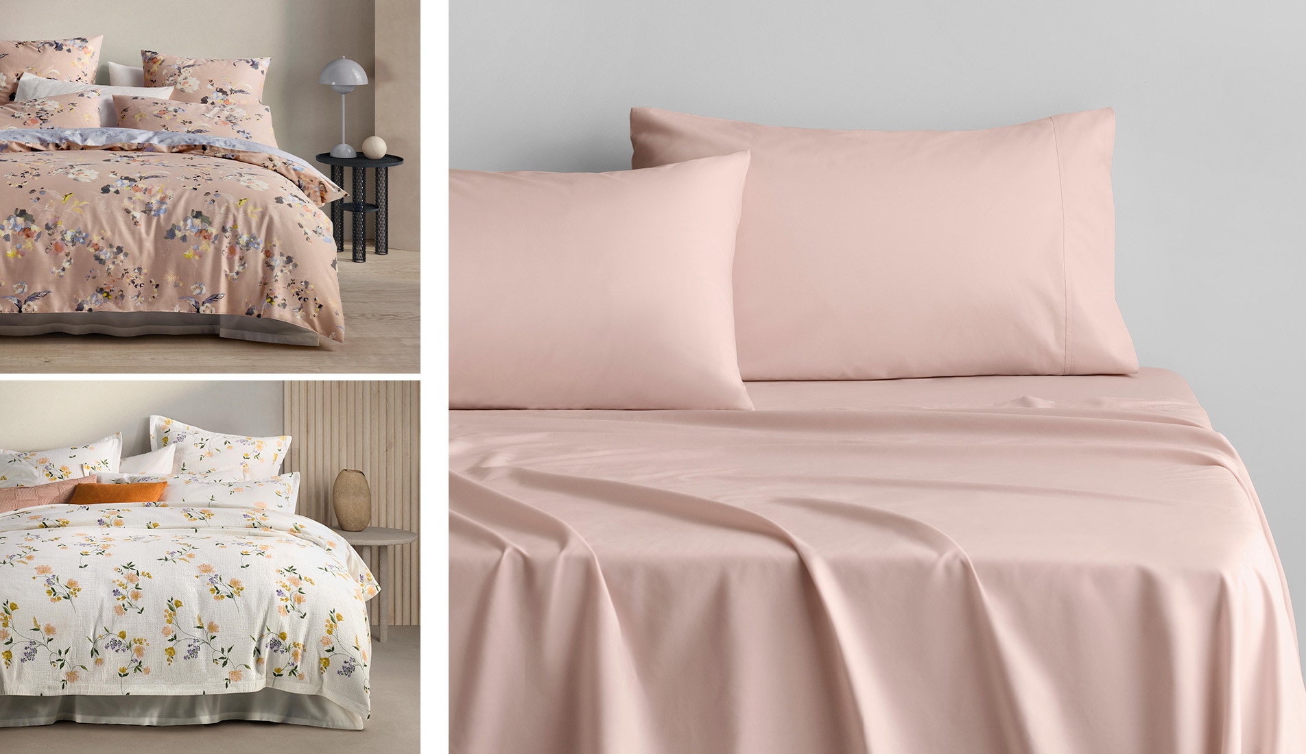 split image. left hand side, split into two beds. pink floral bed on top, white floral bed on bottom. right hand side larger image, byren percale tencel lyocell sheet in colour lychee, styled on bed.