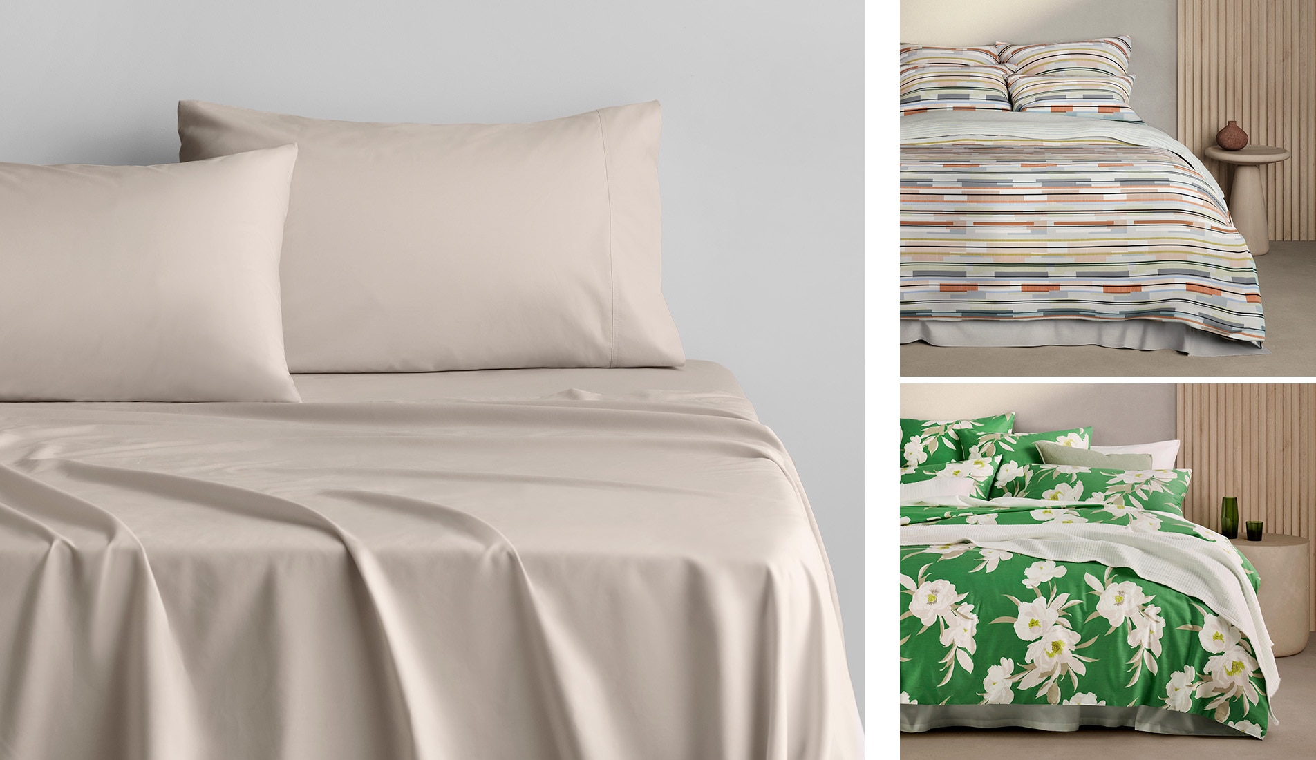 split image. left hand side has byren percale tencel lyocell sheet in warm sand. right hand side split into two. top image bed with broken stripe pattern, bottom image bed with green background and cream peony pattern