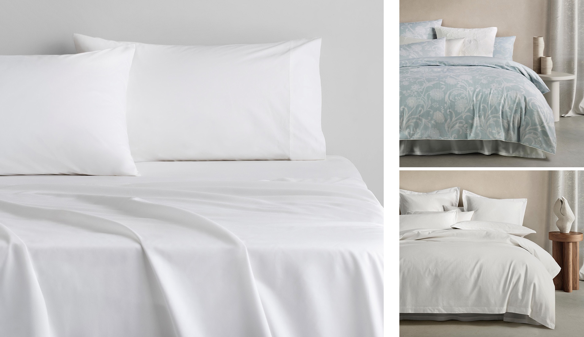 split image. right hand side white byren percale tencel lyocell sheet styled on bed. left hand side, split in two. top bed dressed in ice blue, bottom in white ribbed quilt cover.