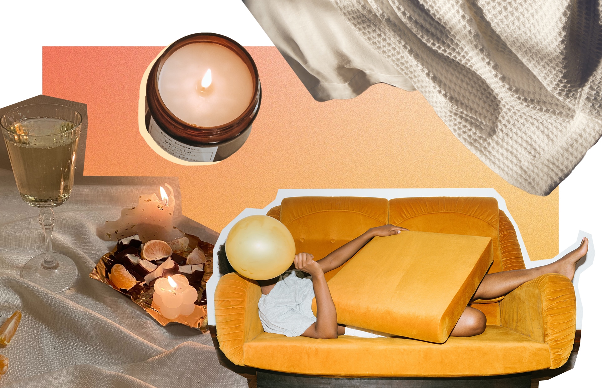 collage of interior design trends 2023, with woman on orange velvet couch with cushion seat on her body and balloon over her face. a vignette with silk wrap, champaign glass and candles are in one corner, the other a cotton waffle blanket.