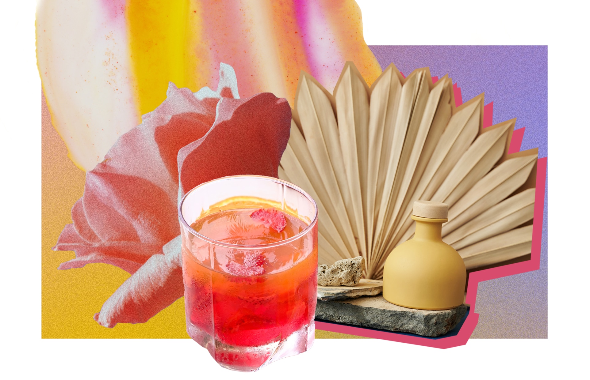 collage for home decor trends 2023. features watercolour paint streaks with slight streaks, neon rose in bloom, negroni in cocktail glass, and dried grass fan.
