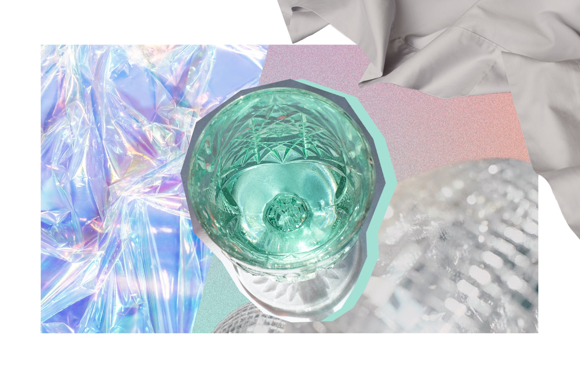 collage of 2023 homewares trends. includes a cocktail glass with stem, filled with bright jewel coloured blue drink, sparkly cellophane paper, glittery and blurred disco balls, and tencel cotton sheets in silver.