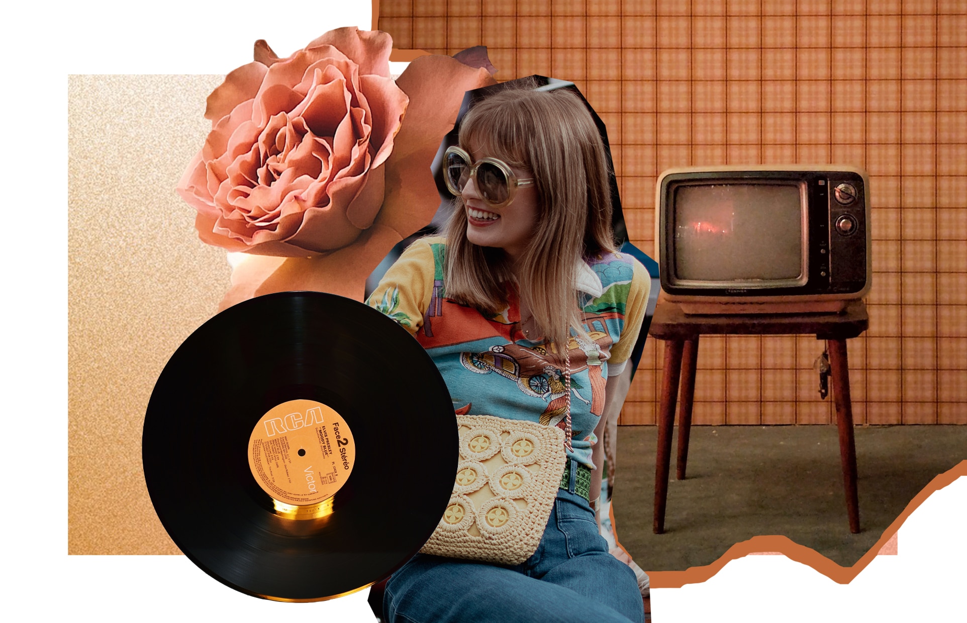 collage of decor trends 2023. white woman with bangs and 70s outfit sits in the middle, with a record, rose layered over her. background with 70s print wallpaper and old school tv on table sit in back of image.