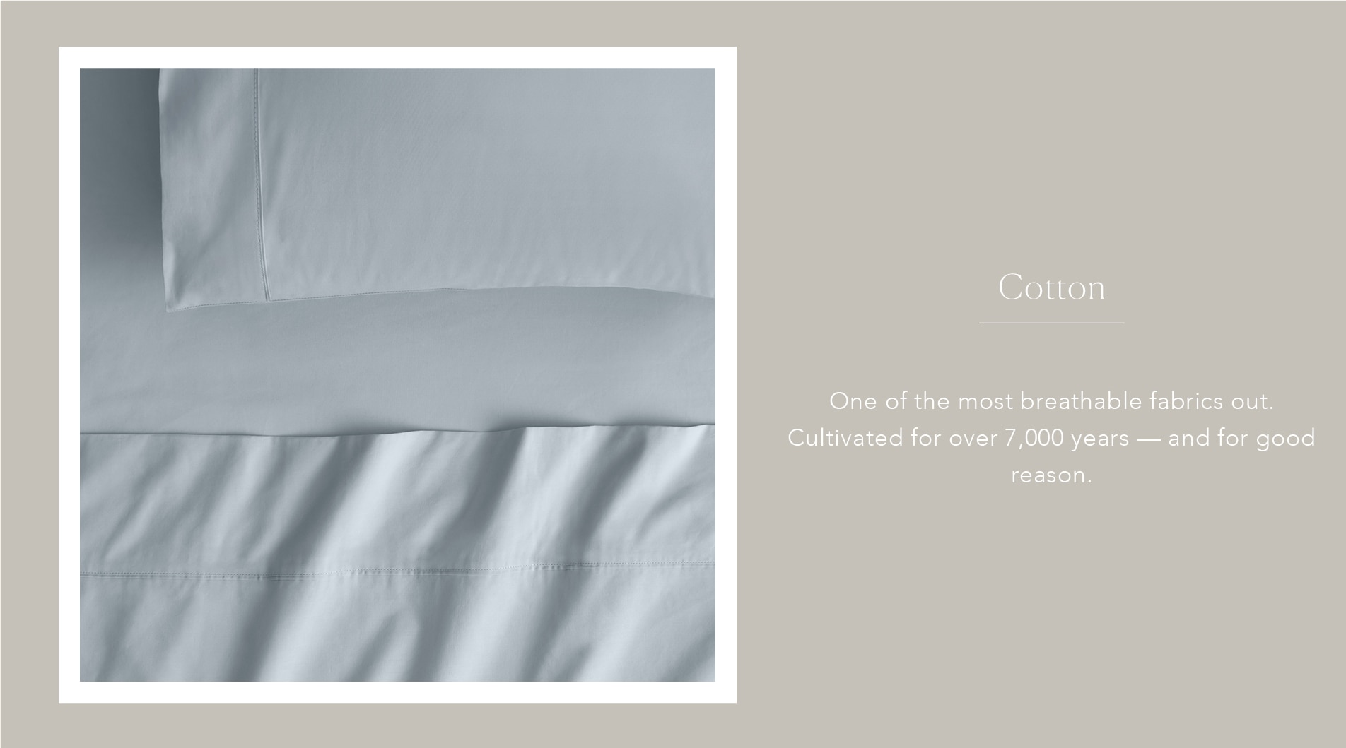 banner with blue cotton sheet set. right side has heading saying cotton, with explanation of the fabric.