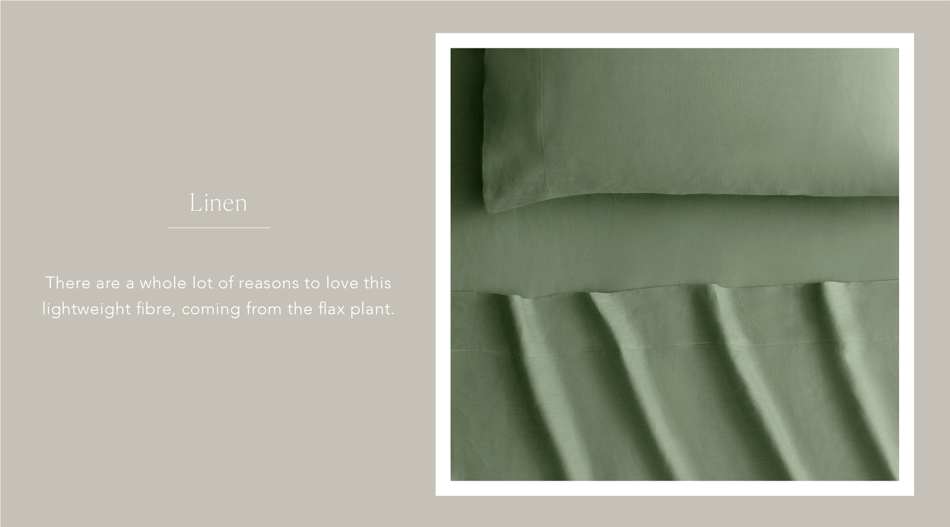 banner. left side says linen, and an explanation of the fabric. right side has an image inside, of abbotson linen sheet in colour cactus.