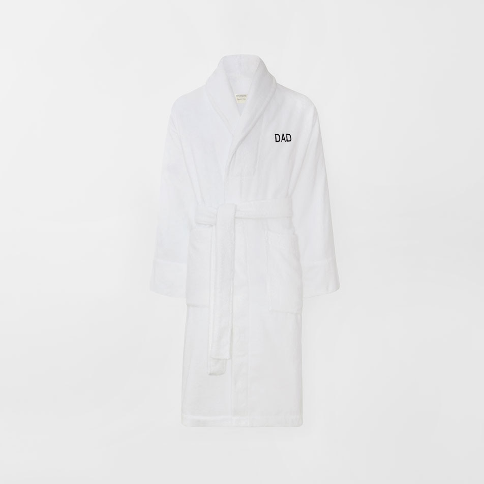 Flat lay image of an Aven Dad robe in white