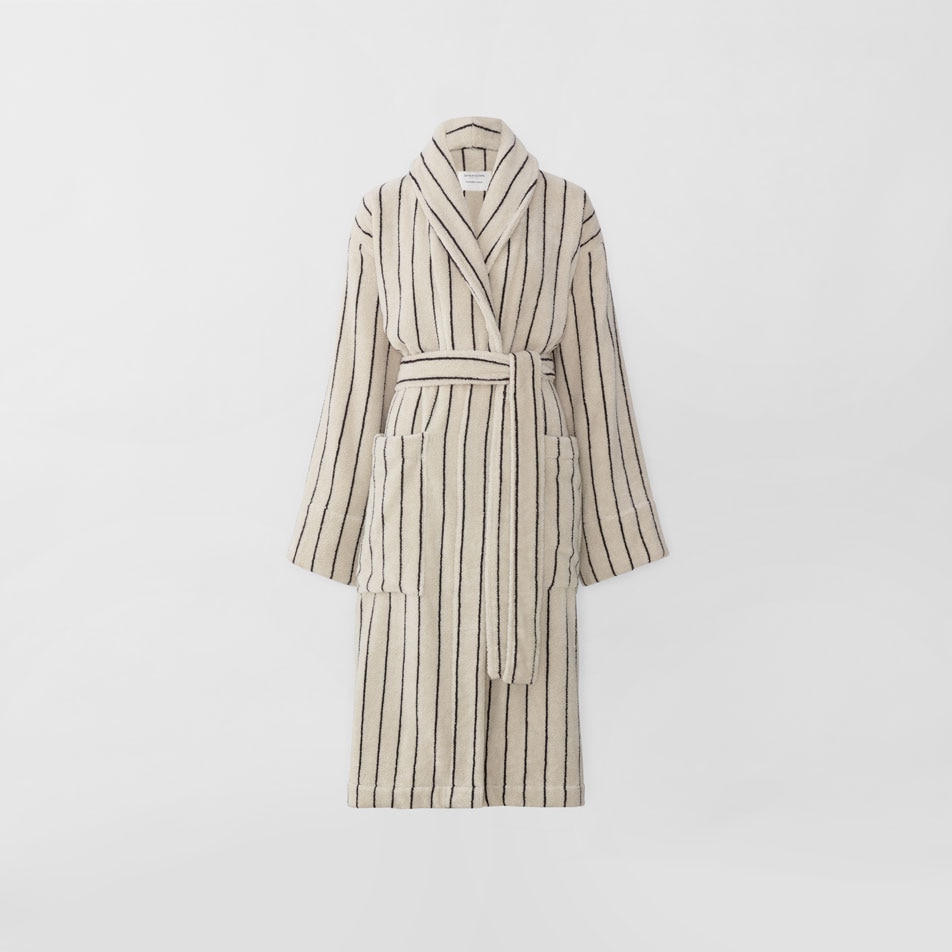 A flat lay image of an Aven Stripe bathrobe in the colour limestone