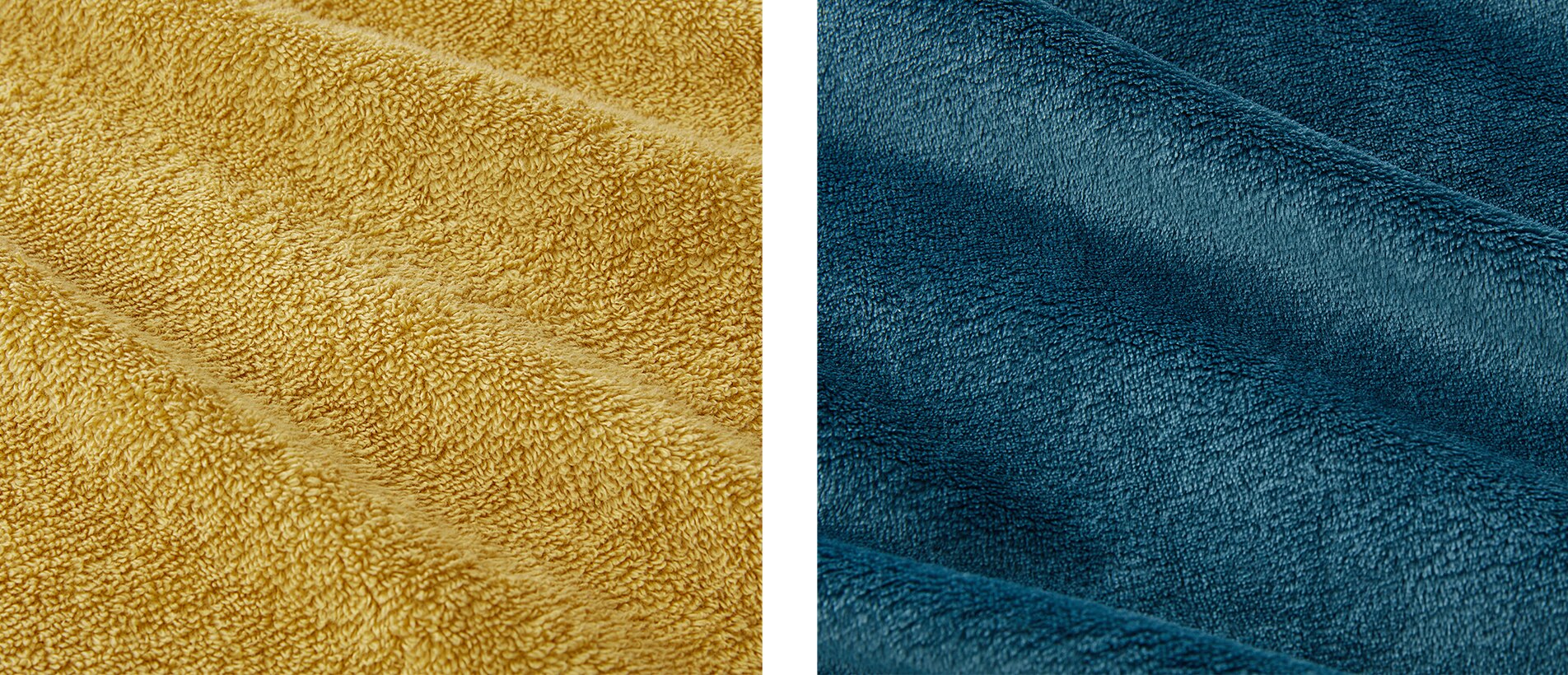split image. left side, close up of yellow bath robe texture. left side, close up of blue plush dressing gown.