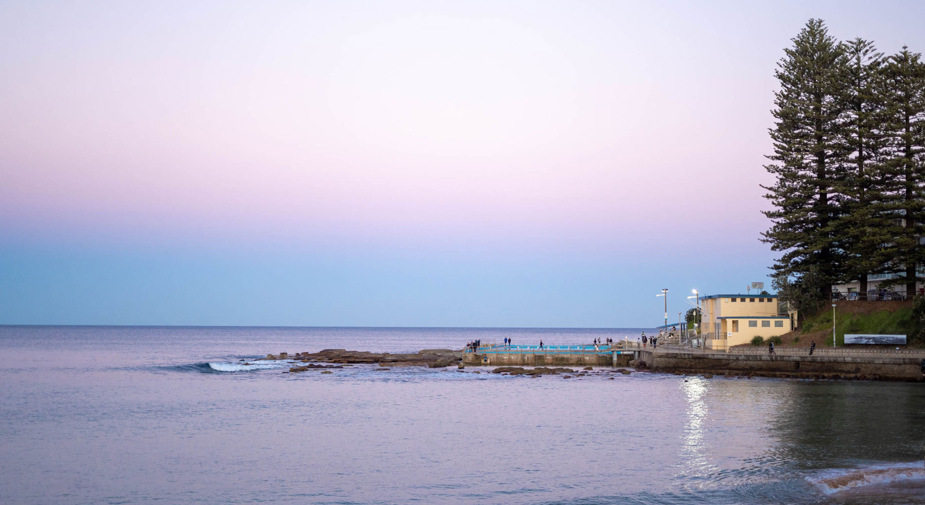 landscape shot of horizon at dee why beach, sydney's northern beaches. sky is a purply pink at sunset, flat water reflects this. people stand round lap pool jutting out from rocks, pine trees appear in corner of picture.