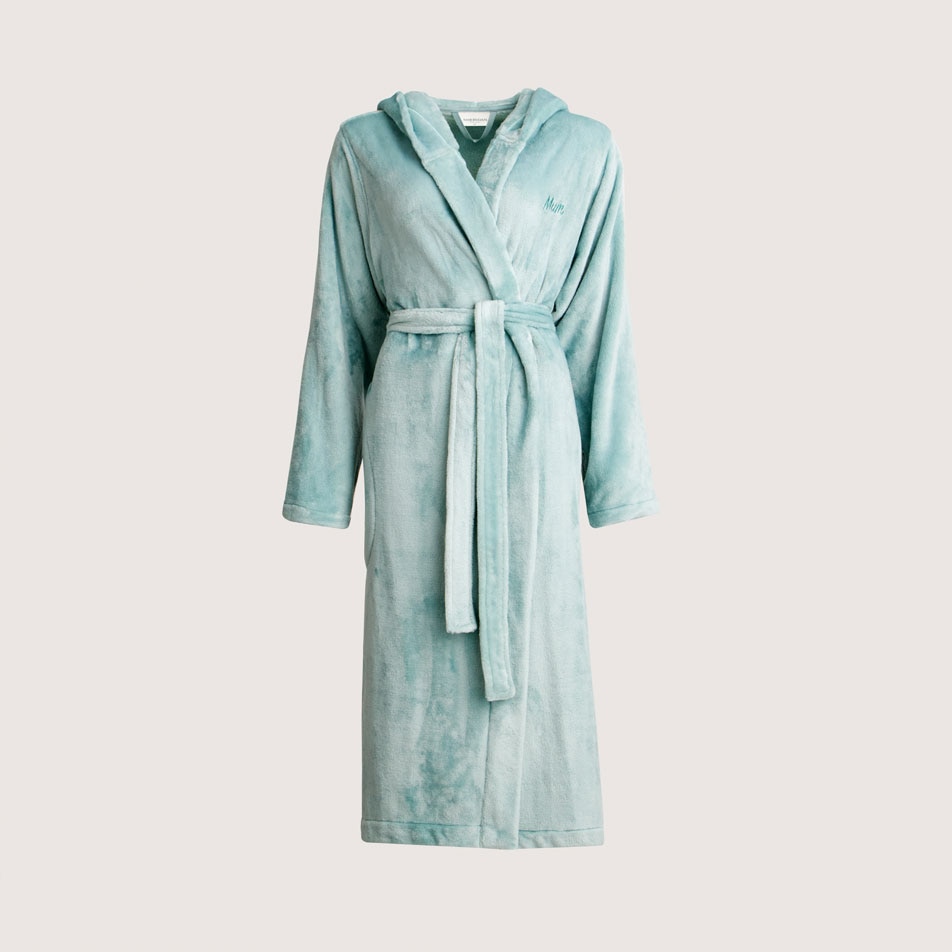Flay lay image of an Elemental Plush Mum Robe in the colour rain