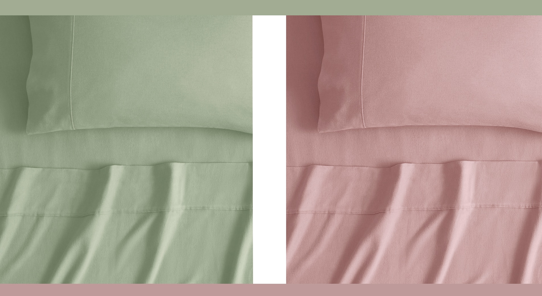 best sheets for winter. overhead shot of two sheridan flannelette sheet sets, one in green one in pink.