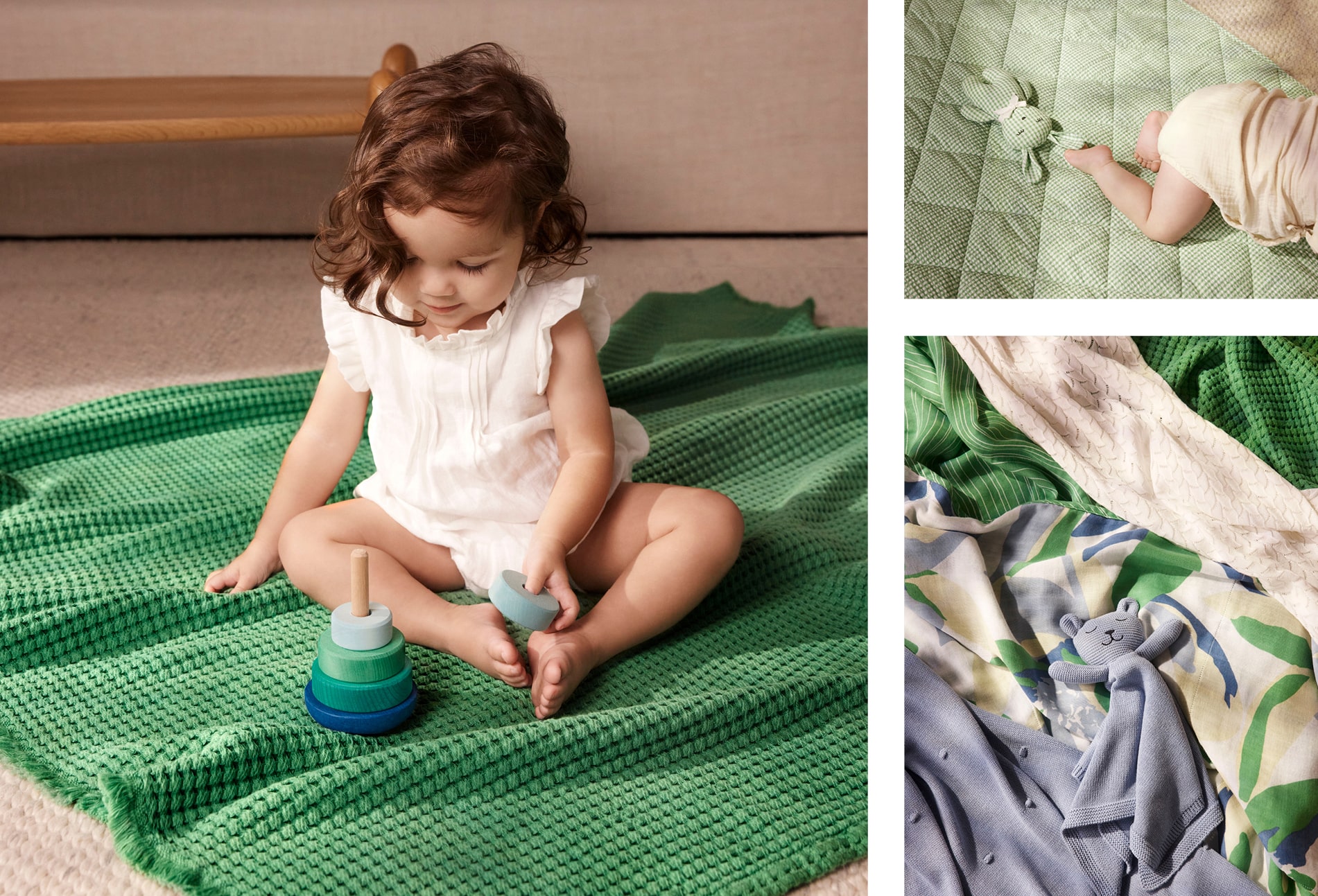 image divided in three. baby with curly hair and white top sits upright on green waffle blanket. righthand image is baby crawling on green chek quilted blanket. left image is layered blankets in greens and blues.