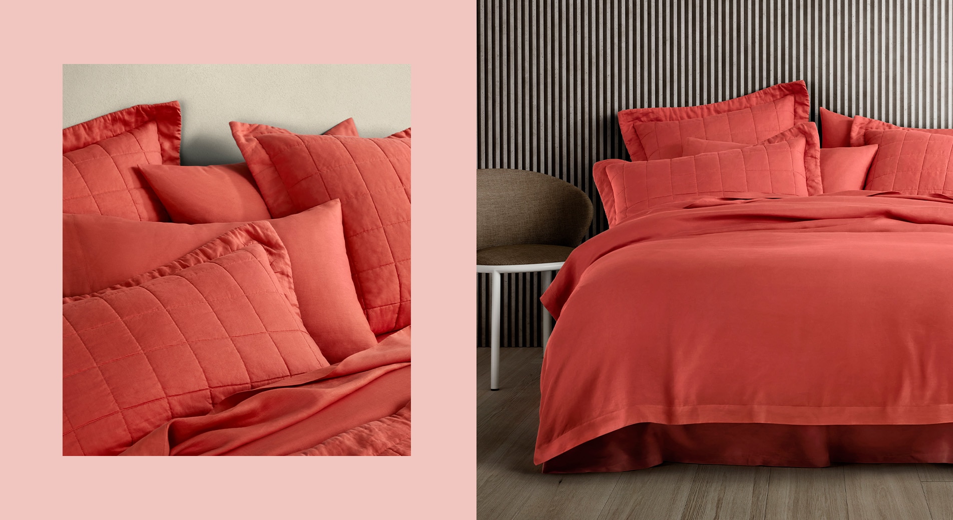 split image. left side: close up of abbotson linen top of bed, washed red shams, pillows and sheets, surrounded by pink border. right side: styled image of washed red abbotson linen bed.