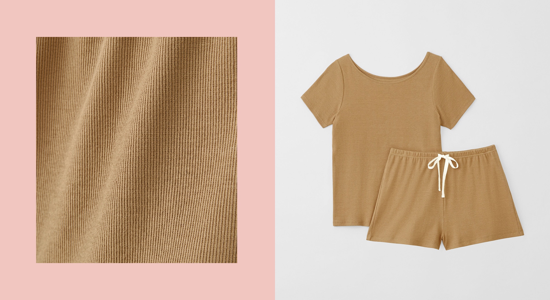 split image. left side: close up of ribbed fabric, in the colour chair. pink border surrounds square image. right side: flay lay of the leyna sleep set, a ribbed brown tshirt and shorts with white drawstring.