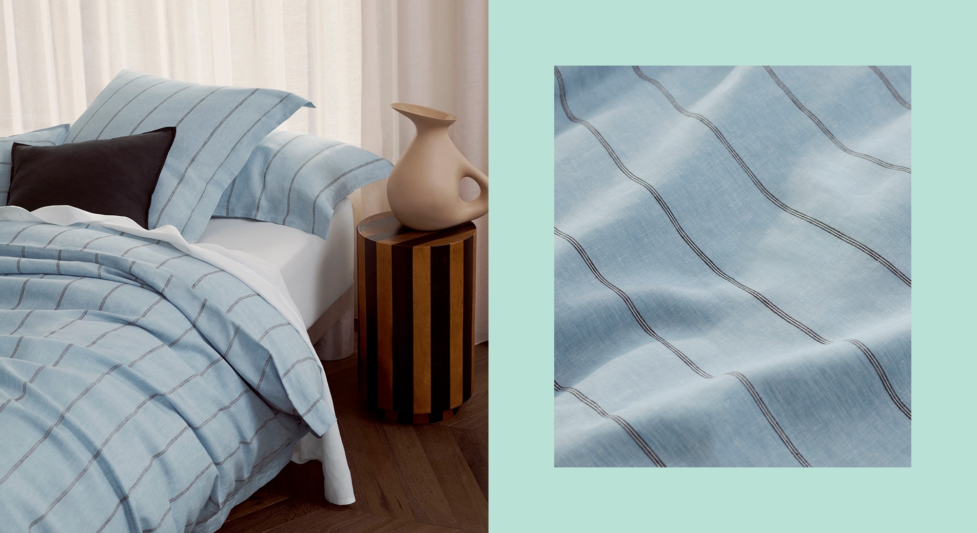 split image. left side: styled bed with blue striped bedding, white sheeting, black cushion. brown bedside table with white jug. right side: close up of striped bedding, with light blue border surrounding.