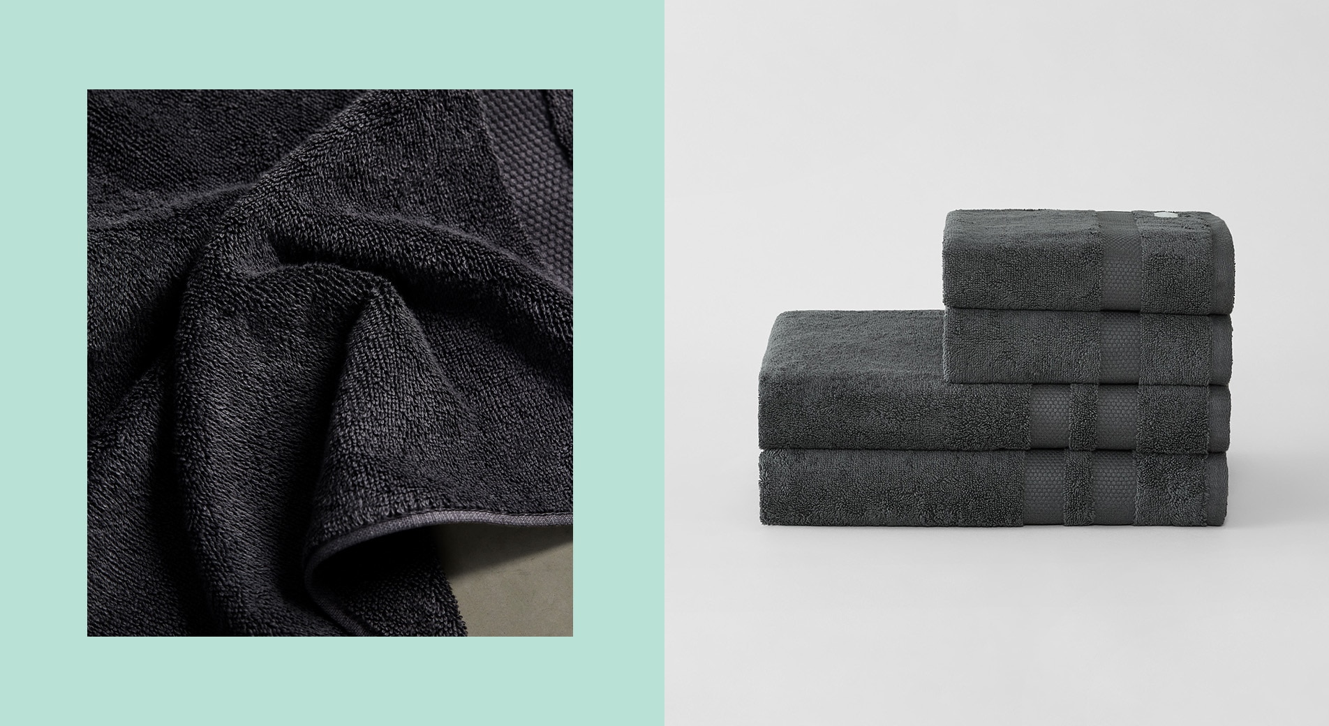 split image. left side: close up of graphite coloured towel set, surrounded by light blue border. right side: image of stacked towel set, in same colour.