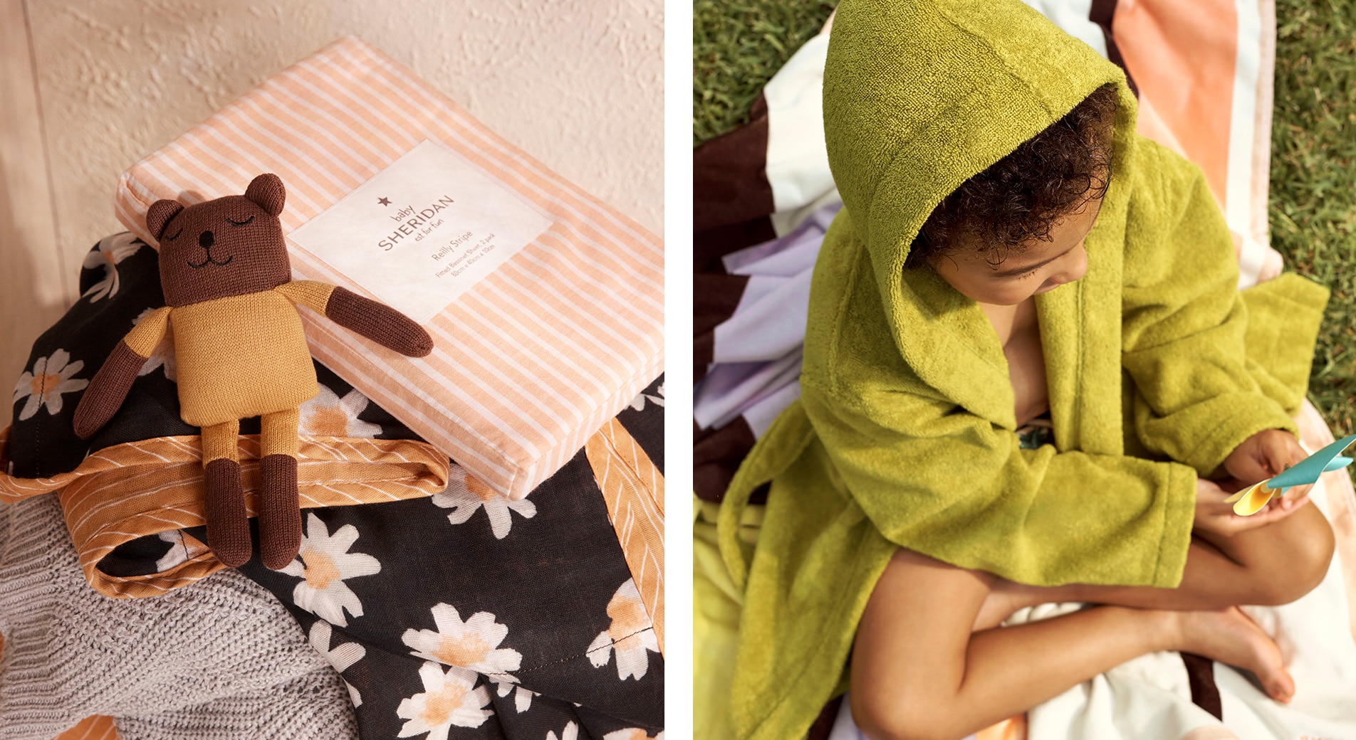 split image. left side: a stack of baby wraps, blankets and cot sheets, in shades of peach, black, white and grey. right side: small child with brown curly hair and light brown skin sits on a towel on the ground, wearing the sheridan ottie robe.