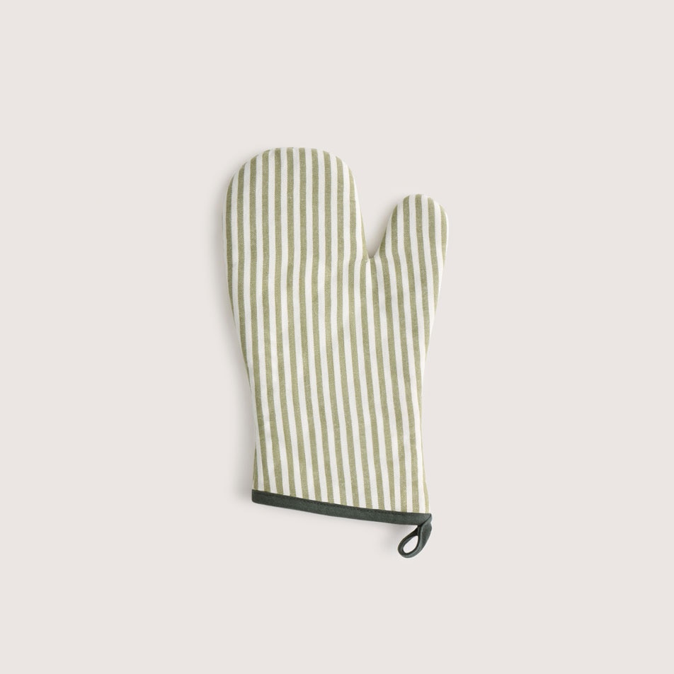 A striped Harvest oven mitt in the colour garden