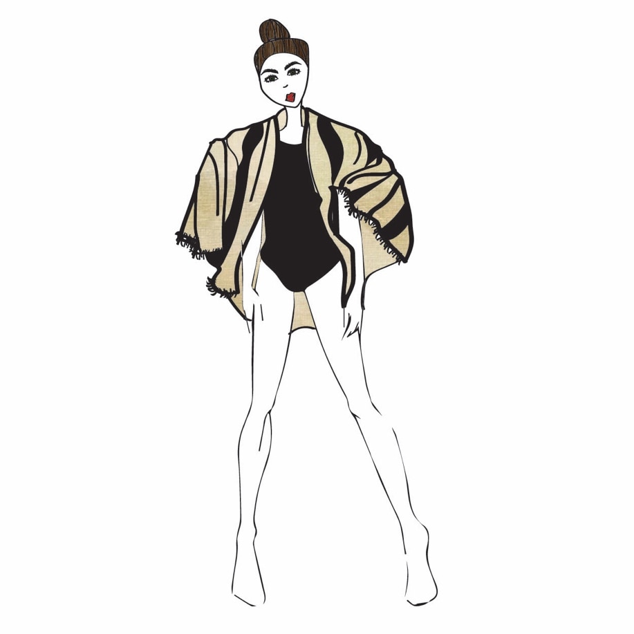 graphic line illustration of cute brunette woman, wearing sheridan linen sarong as a cover up, over her shoulders
