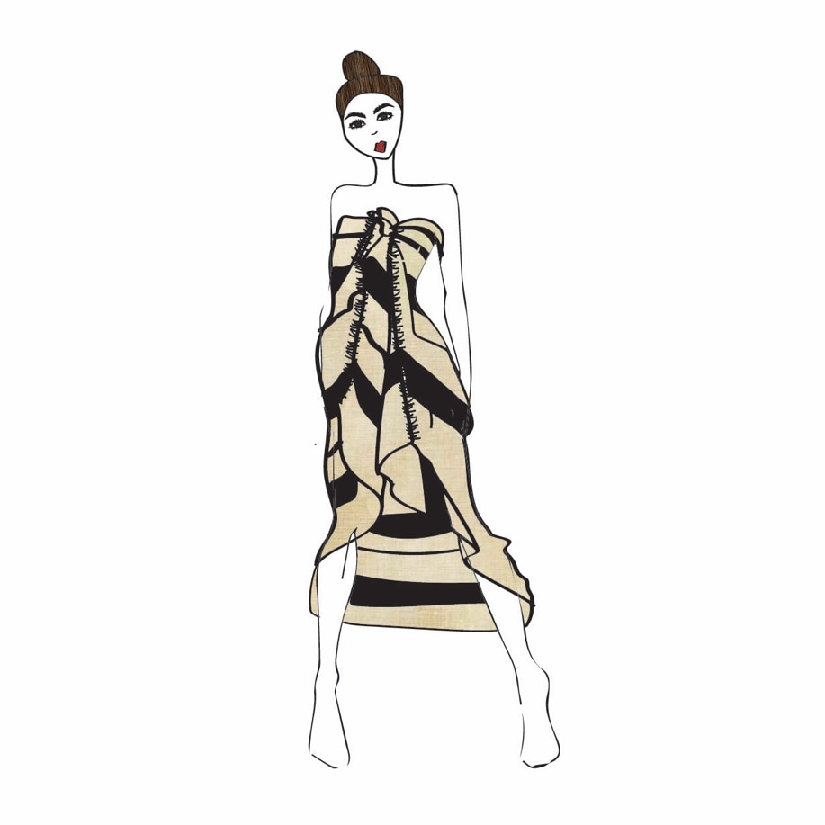 graphic line illustration of cute brunette woman wearing a sheridan striped linen sarong as a strapless dress 