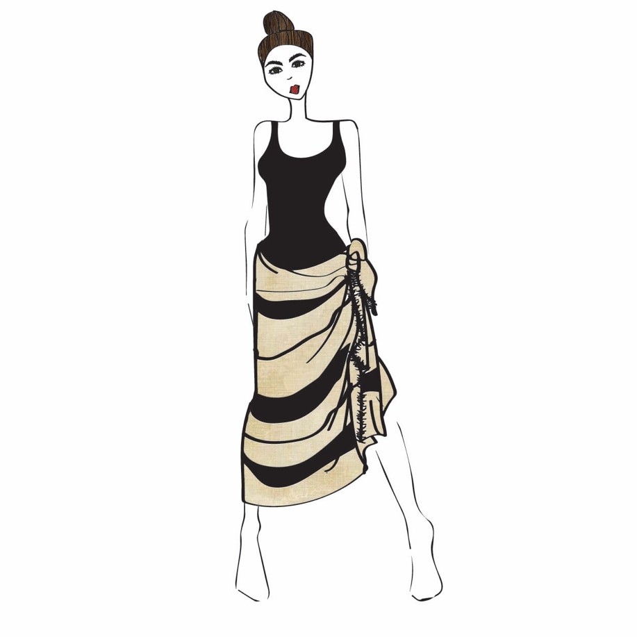 graphic line illustration of cute brunette wearing a sheridan linen striped sarong as a maxi skirt, with knot on the side of her hip