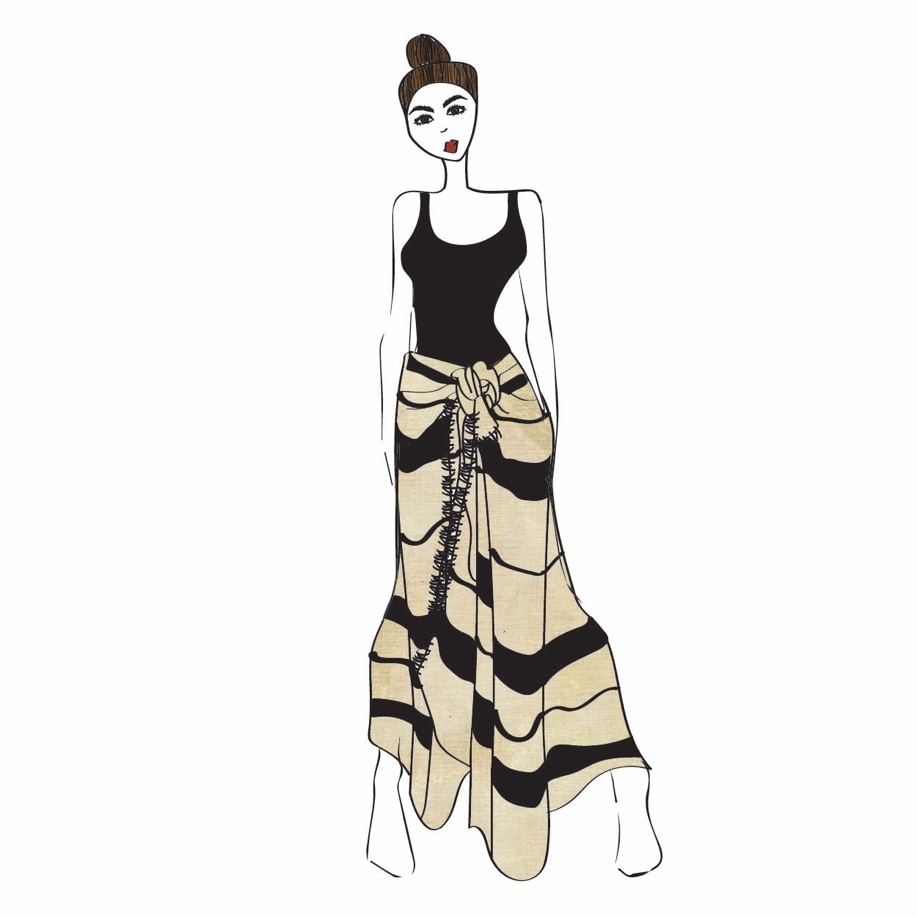 graphic line illustration of cute brunette wearing a sheridan linen striped sarong as a maxi skirt, tied to a knot at the front of body.