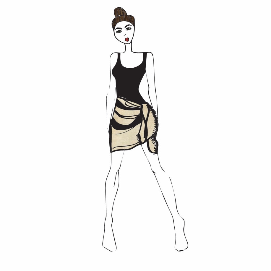 graphic line illustration of cute brunette woman wearing a sheridan linen striped sarong as a mini skirt, with tie to the left side of her body, on left hip