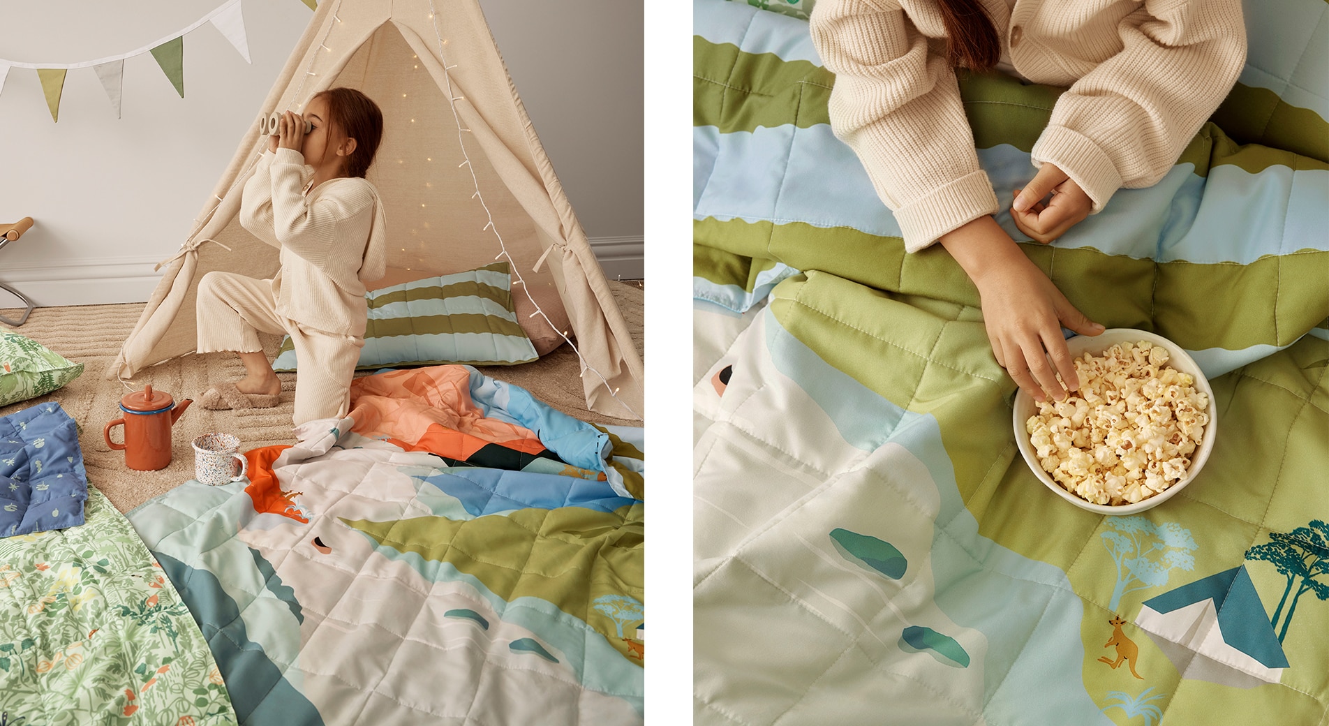 split image. left side: little brunette girl holds binoculars to her eyes, surveing the room. there is a teepee, bunting, fairy lights, and blankets and pillows on the floor. Right side: on a blanket, there's a bowl of popcorn with a hand reaching for it.