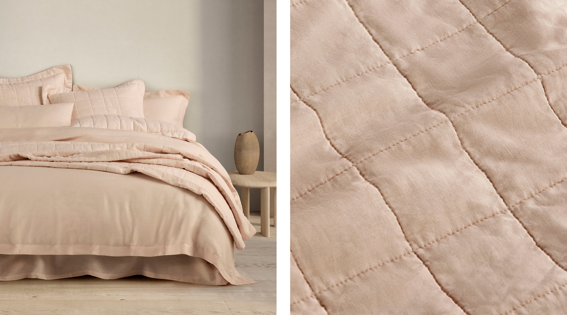 split image. left hand side, bed dressed in belgian flax linen in the colour buff. includes flat sheet, quilt cover, bed cover and pillows, all layered. riht side, a close up of quilted linen bed cover, showing texture of belgian flax linen.