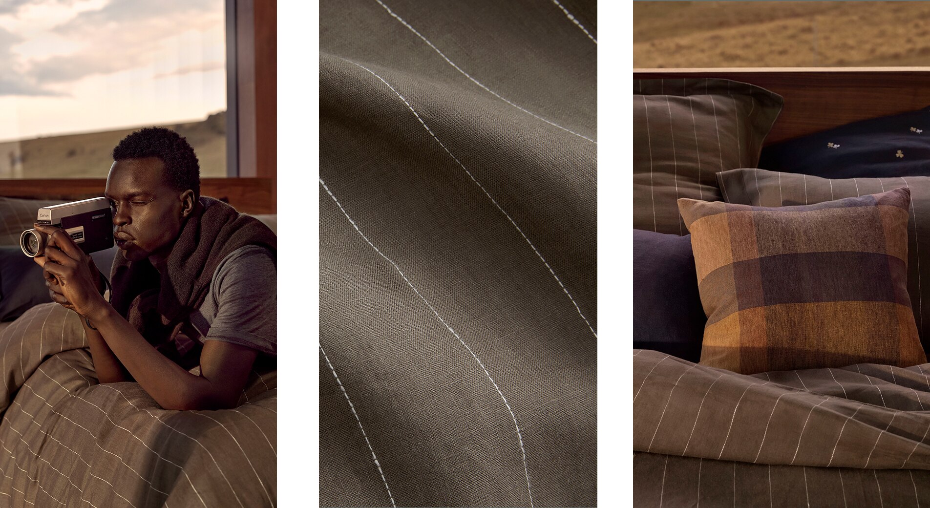 three split image. left side, black man on bed holds video camera to his face while lying on khaki bedding. middle shot: close up of abbotson stripe quilt cover. left shot: styled abbotson stripe bed with cushions.