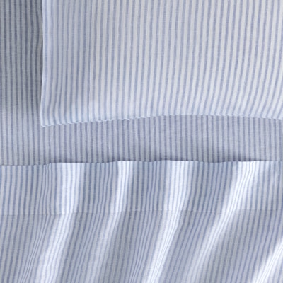 Abbotson Linen Flat Sheet -  Ticking Stripe Blue Mist