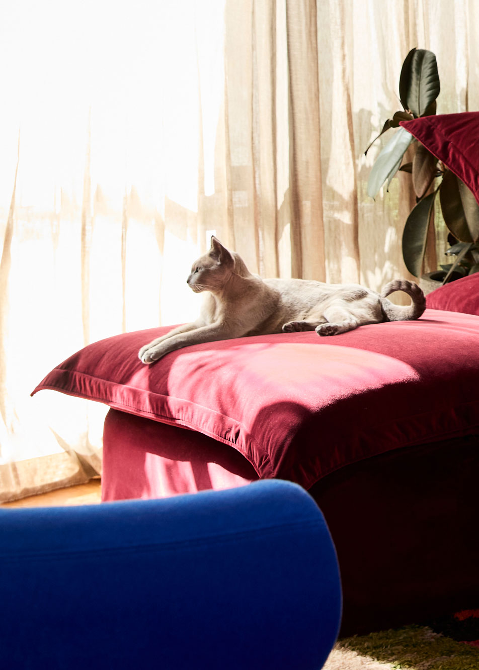 A record player sitting on top of a side table. A man's hand is reaching towards it. Next to the turntable is a magazine and a silver vase with white flowers.