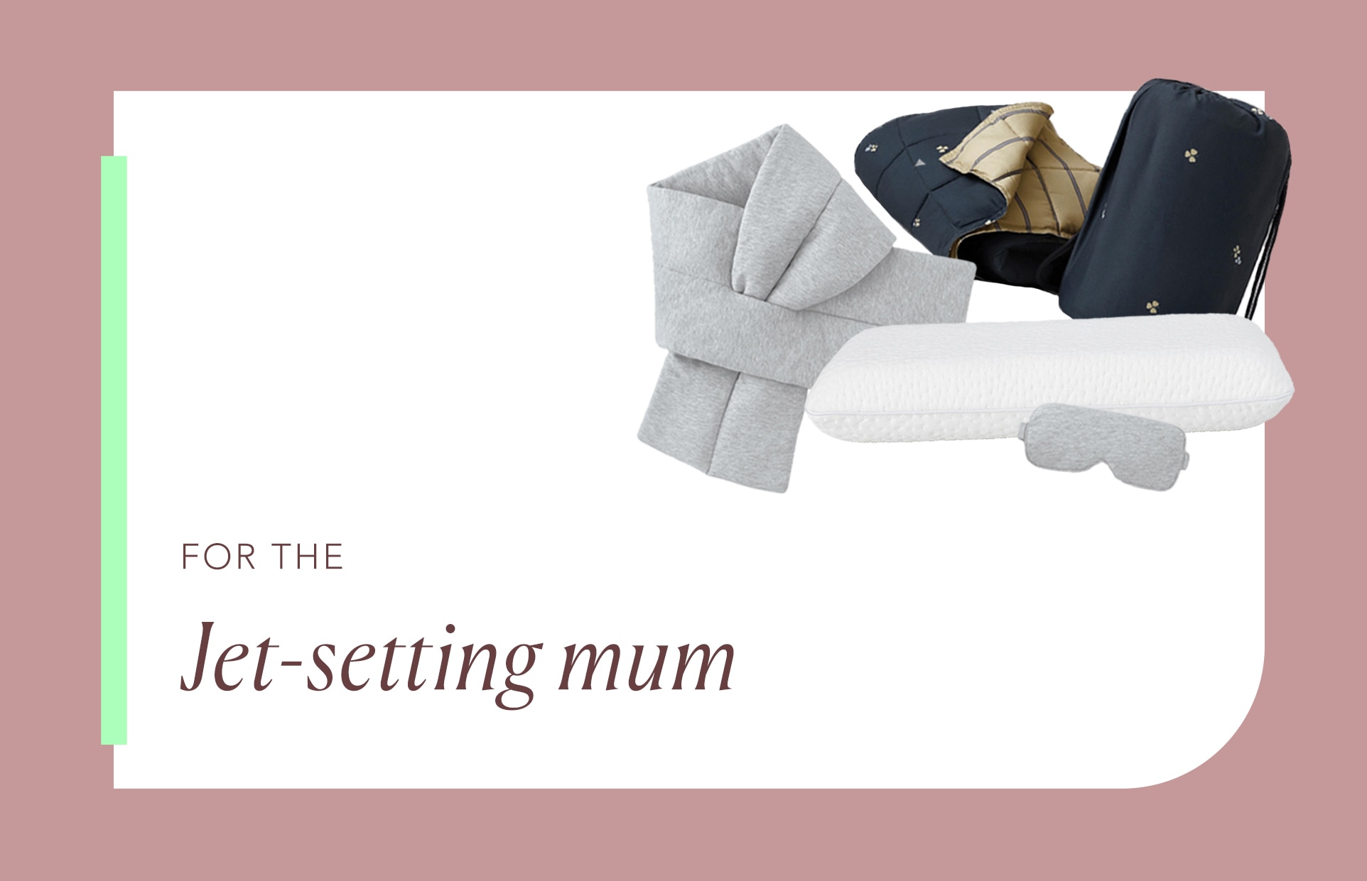Mother’s day gift guide Australia. Banner with the wording for the jet setting mum, with a cluster of products in the corner.