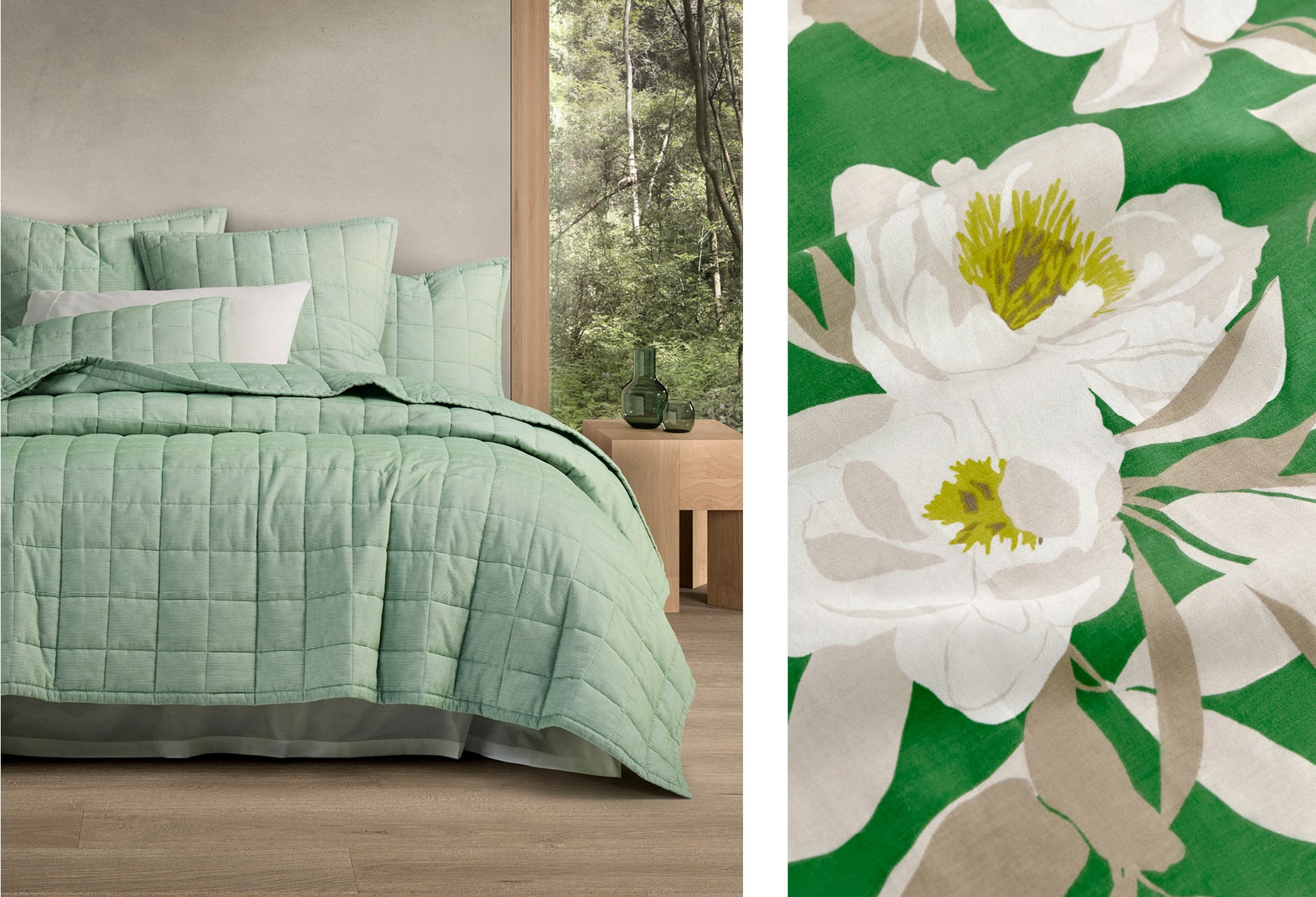 split image. left side, bed with quilted bed cover & pillowcases with green/white stripes. wooden elements, grey wall, window shows bush outdoors. right side: close up of maplewood quilt cover, greenbackground and oversize peony pattern in cream.