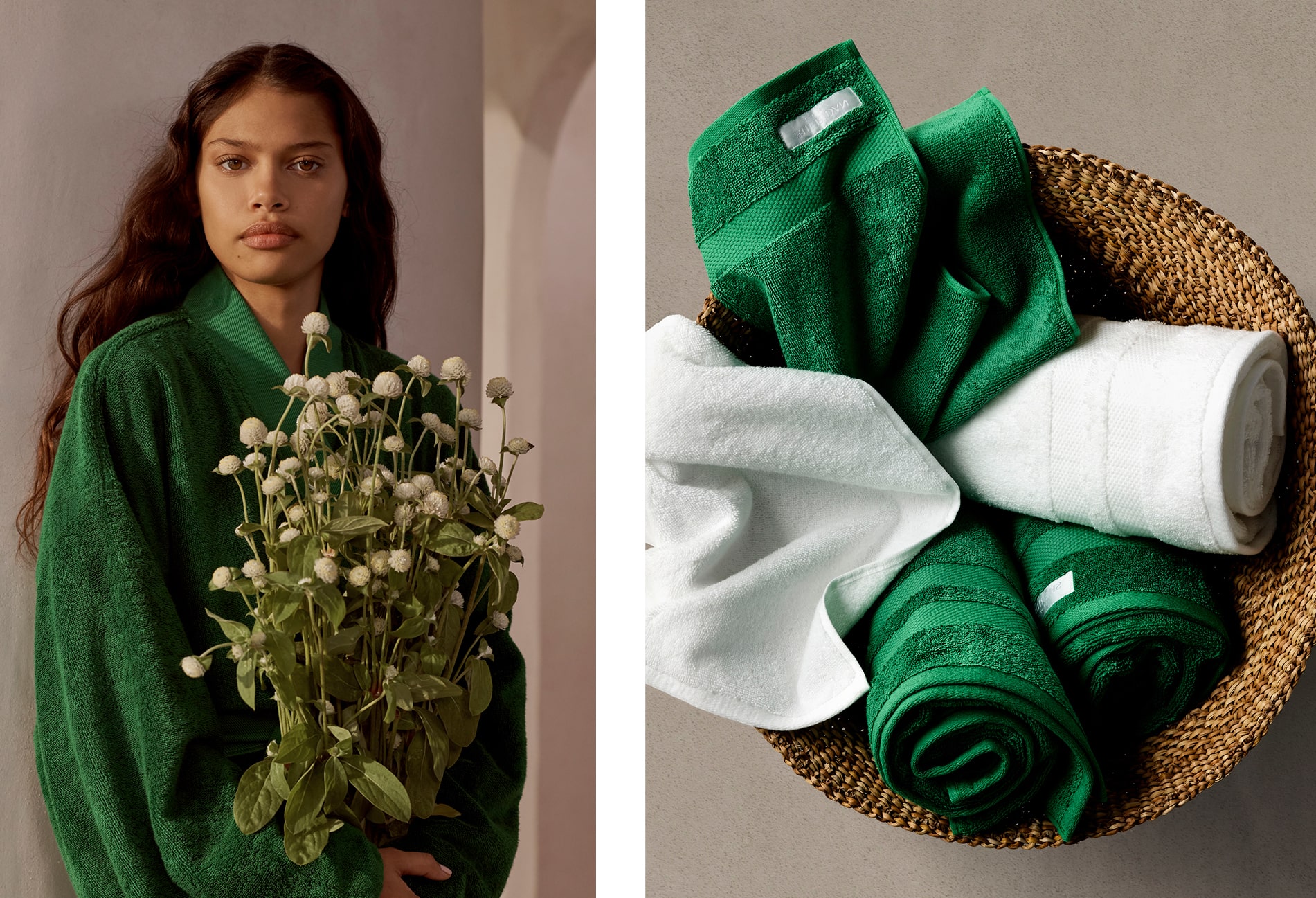split image. left side dark skinned woman with wavy brown hair wears palm green cotton robe, holding a bunch of wildflowers. left side features three green towels, two white ones in a woven wicker basket; shot from above.