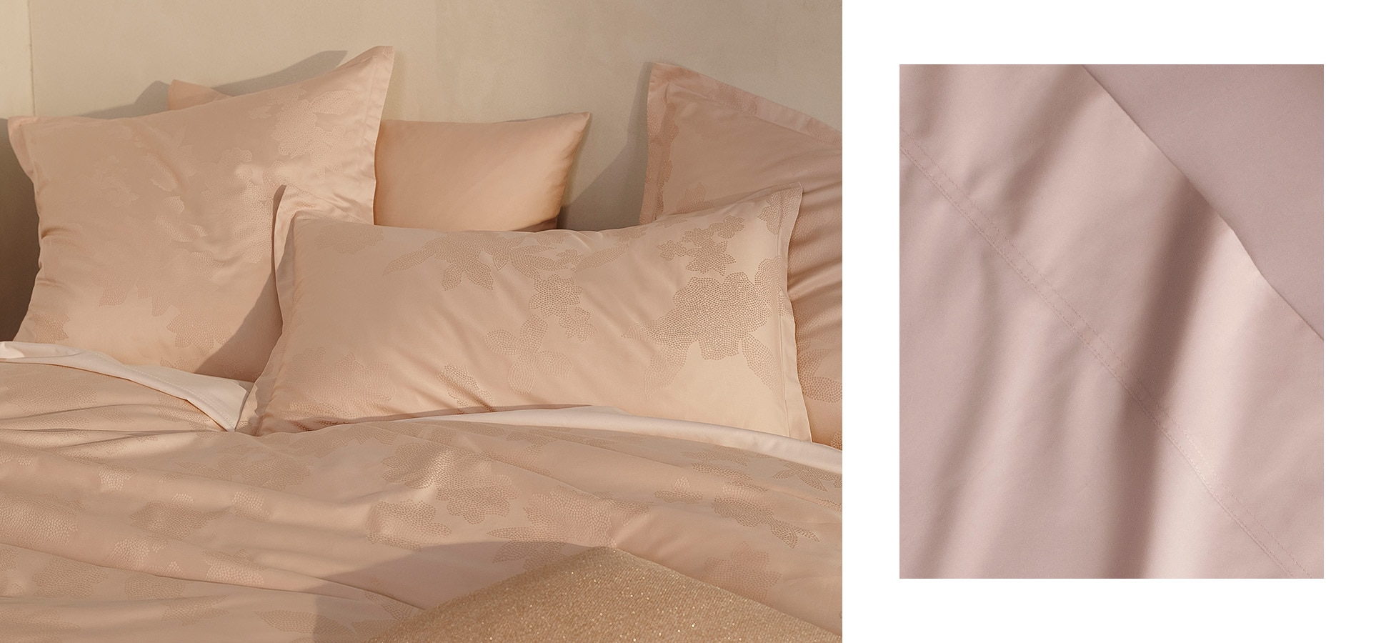 split image. left side is close up of sabal bedhead, with pink pillows and euros layered up against a wall. right side is close up of pink sheet it should be styled with.