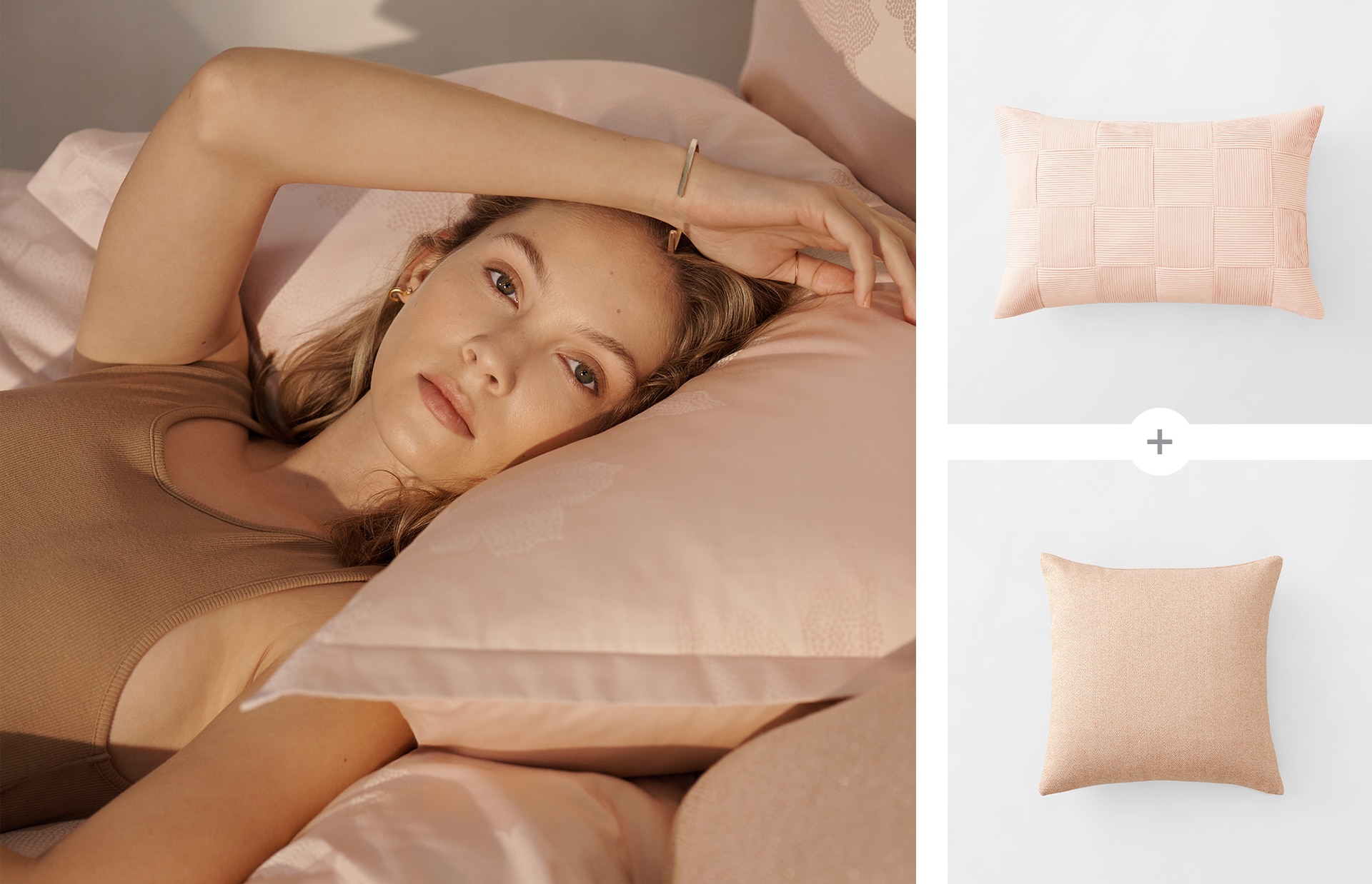 split image. left side white woman with blonde hair stairs at the camera, laying on pink bed with her arm above of her head on pink pillow. right side is split in image, with pink breakfast cushion and pink metallic square cushion.